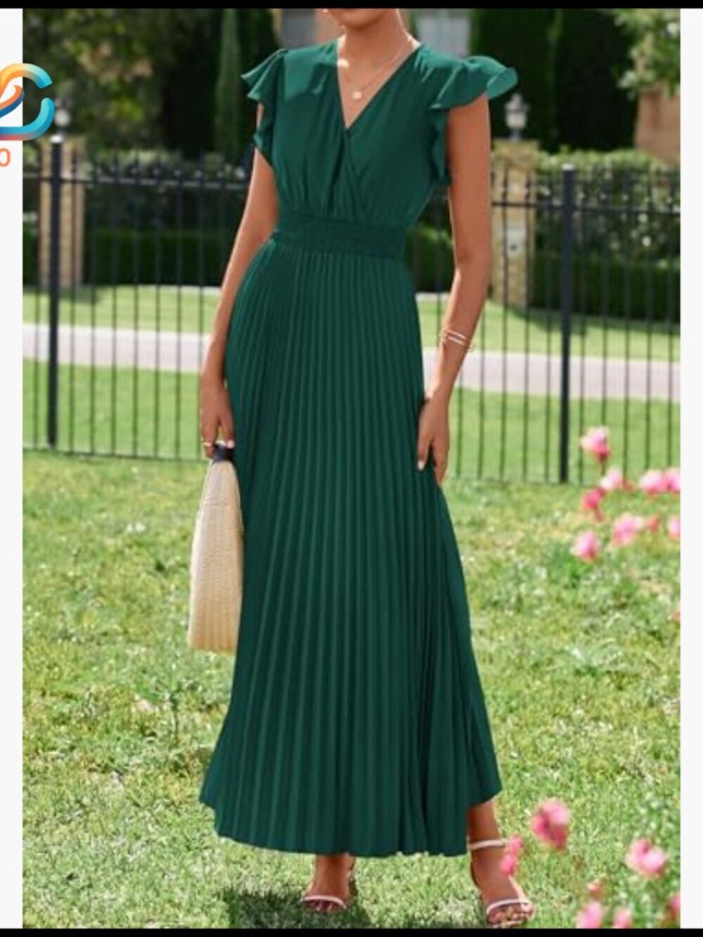 Summer Maxi Dress V Neck Ruffle Sleeves Empire Waist Pleated Flowy Formal - Picture 5 of 7